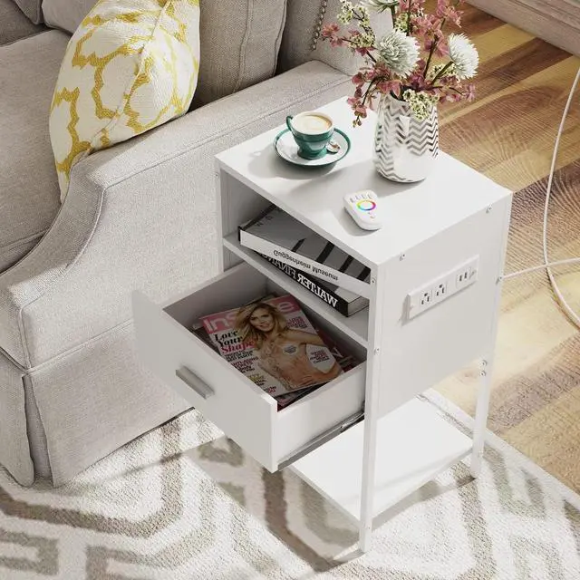 Alt view image 6 of 7 - LDTTCUK Nightstand with Charging Station, Modern End Table with Drawer, White Bedside Table with Open Storage for Bedroom
