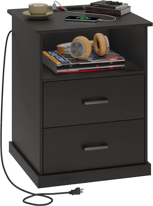 Main image of Hasuit Black Nightstand with Charging Station, 19.0'' Wide Tabletop