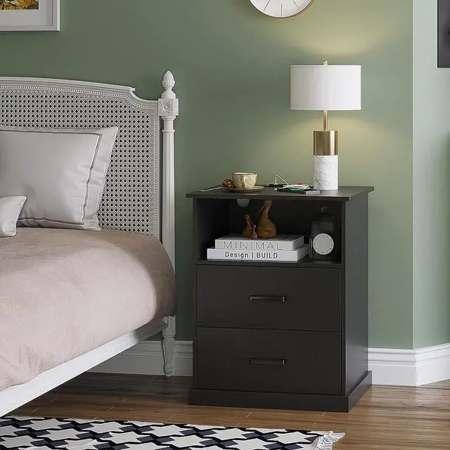 Alt view image 2 of 7 - Hasuit Black Nightstand with Charging Station, 19.0'' Wide Tabletop