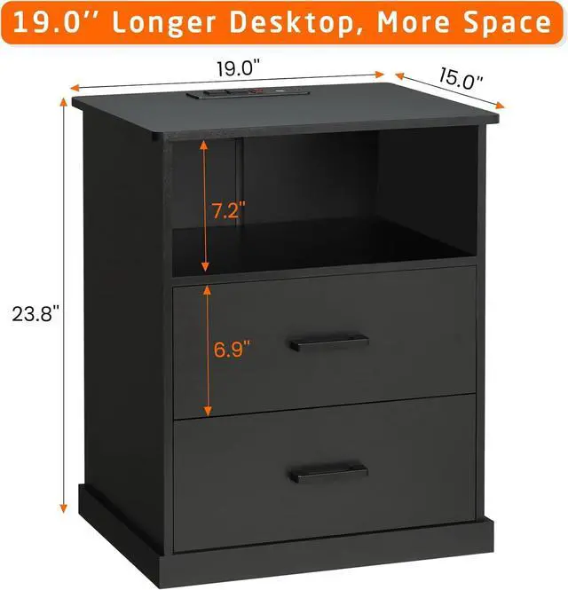 Alt view image 3 of 7 - Hasuit Black Nightstand with Charging Station, 19.0'' Wide Tabletop