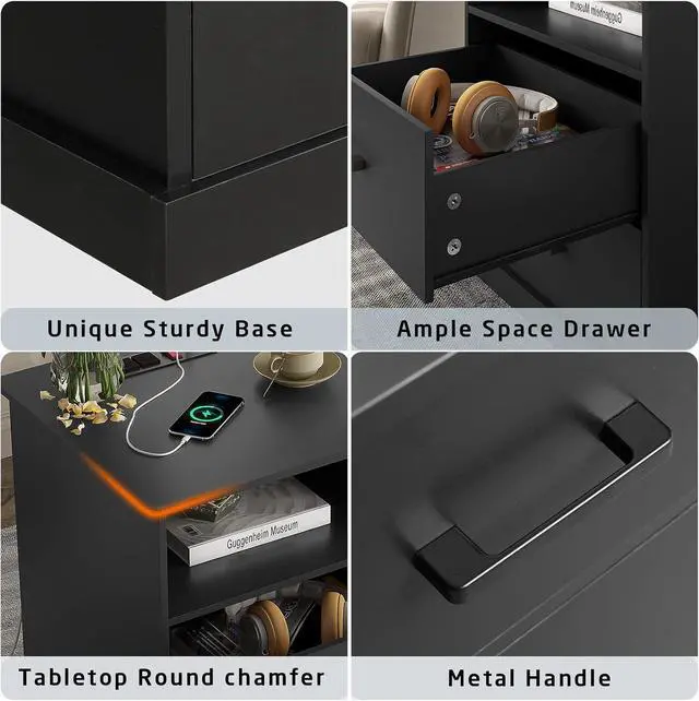 Alt view image 4 of 7 - Hasuit Black Nightstand with Charging Station, 19.0'' Wide Tabletop