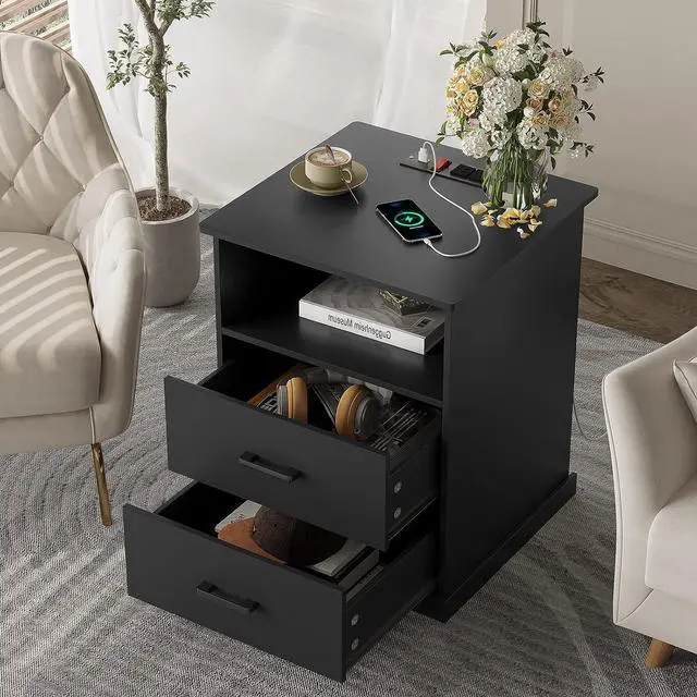 Alt view image 7 of 7 - Hasuit Black Nightstand with Charging Station, 19.0'' Wide Tabletop