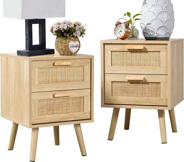 Main image of Finnhomy Nightstands Set of 2, Night Stands Set 2 with Hand Made Rattan Decorated Drawers, Nightstand, End Table, Bedside Tables Set of 2 for Bedroom, Natural, 2 Pack