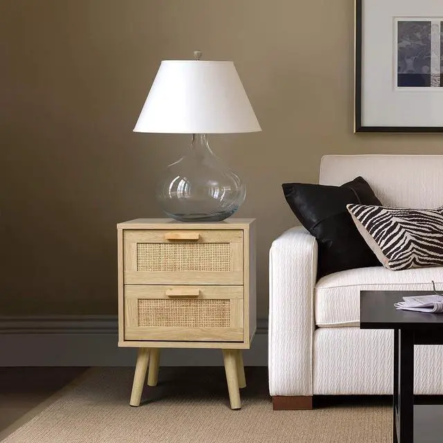 Alt view image 2 of 7 - Finnhomy Nightstands Set of 2, Night Stands Set 2 with Hand Made Rattan Decorated Drawers, Nightstand, End Table, Bedside Tables Set of 2 for Bedroom, Natural, 2 Pack