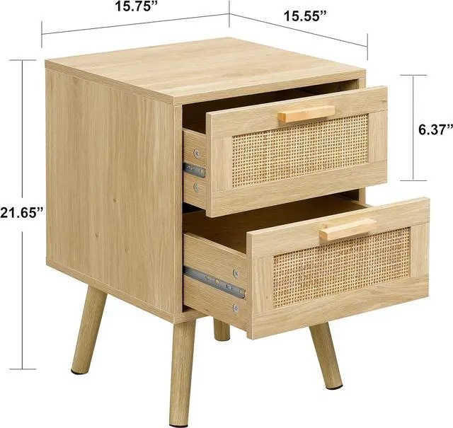 Alt view image 3 of 7 - Finnhomy Nightstands Set of 2, Night Stands Set 2 with Hand Made Rattan Decorated Drawers, Nightstand, End Table, Bedside Tables Set of 2 for Bedroom, Natural, 2 Pack