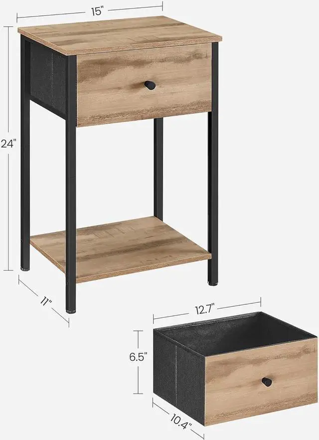 Alt view image 3 of 7 - VASAGLE Nightstand, Side Table with Fabric Drawer, 24-Inch Tall End Table with Storage Shelf, Bedroom, Toasted Oak ULGS021B50