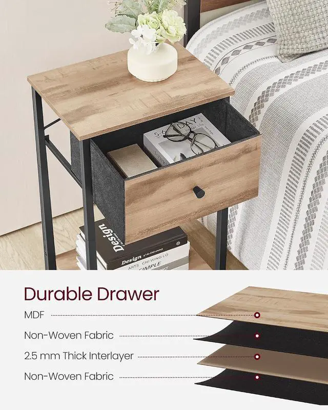 Alt view image 6 of 7 - VASAGLE Nightstand, Side Table with Fabric Drawer, 24-Inch Tall End Table with Storage Shelf, Bedroom, Toasted Oak ULGS021B50