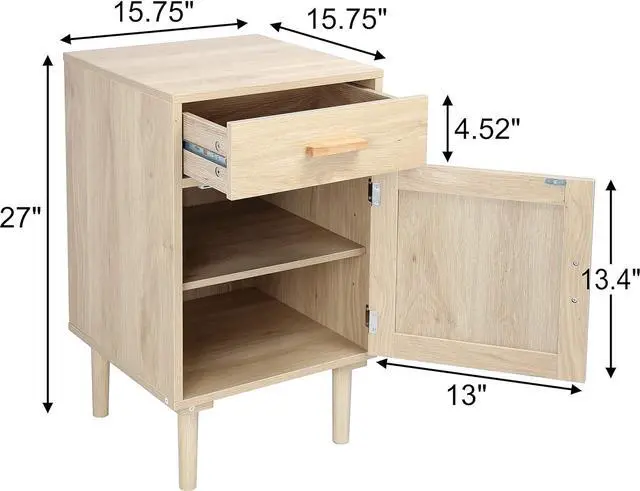 Alt view image 3 of 7 - Finnhomy Tall Nightstands Set of 2, Night Stand, Bedside Table Set of 2 with Drawer and Shelf, Hand Made Rattan Decorated Doors, Nightstands with Storage for Bedroom, Natural, 2 Pack