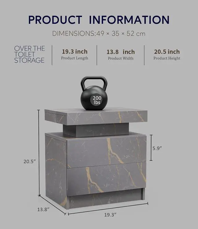 Alt view image 2 of 7 - Modern Gray Nightstand with 2 Drawer LED Bedside Table