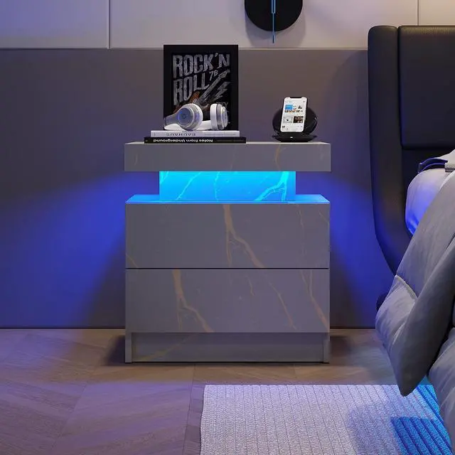 Alt view image 3 of 7 - Modern Gray Nightstand with 2 Drawer LED Bedside Table