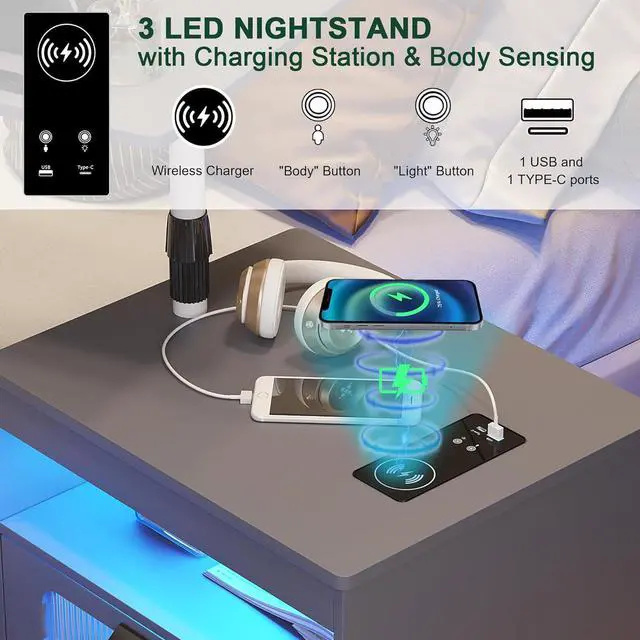 Alt view image 4 of 7 - HNEBC Nightstand with Wireless Charging Station, LED Nightstand Has Adjustable Rotary Workstation, Smart Night Stand with 2 Drawers,Modern Bedside Table for Bedroom, Sensor Light/Wheel (Grey)