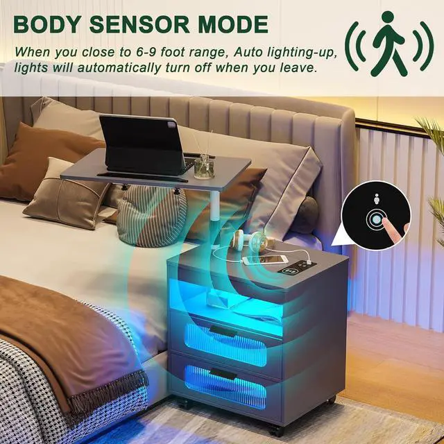 Alt view image 6 of 7 - HNEBC Nightstand with Wireless Charging Station, LED Nightstand Has Adjustable Rotary Workstation, Smart Night Stand with 2 Drawers,Modern Bedside Table for Bedroom, Sensor Light/Wheel (Grey)