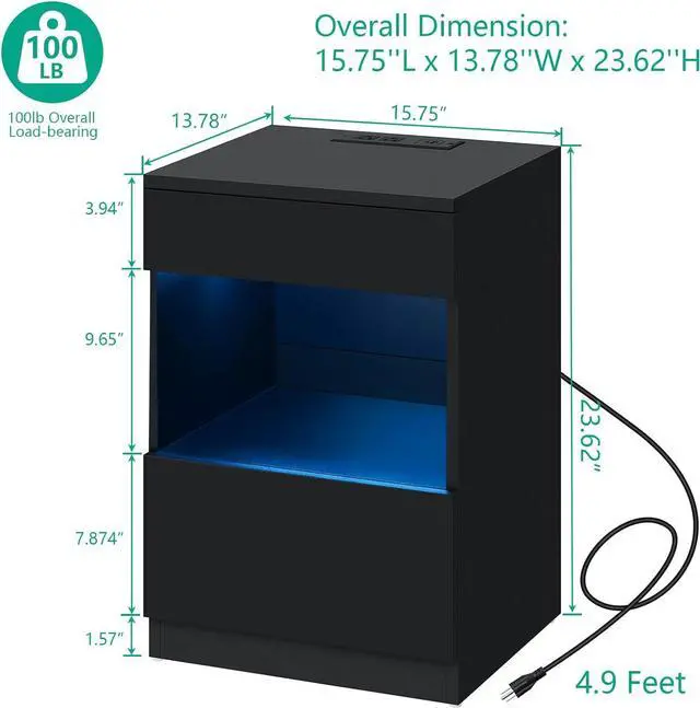 Alt view image 2 of 7 - HOMMPA Open Shelf LED Nightstand with Charging Station 2 Drawers Bedside Table Black Night Stand with Storage Smart Nightstands High Gloss Night Table with Led Light for Bedroom Furniture