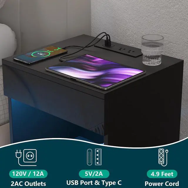 Alt view image 3 of 7 - HOMMPA Open Shelf LED Nightstand with Charging Station 2 Drawers Bedside Table Black Night Stand with Storage Smart Nightstands High Gloss Night Table with Led Light for Bedroom Furniture