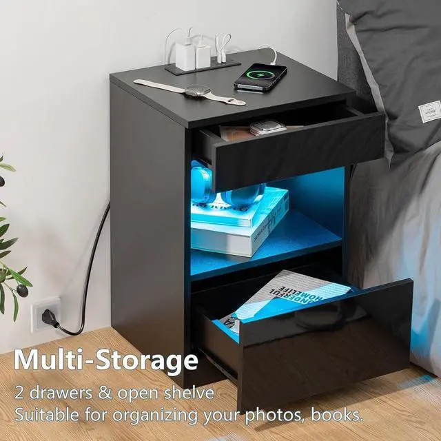 Alt view image 4 of 7 - HOMMPA Open Shelf LED Nightstand with Charging Station 2 Drawers Bedside Table Black Night Stand with Storage Smart Nightstands High Gloss Night Table with Led Light for Bedroom Furniture