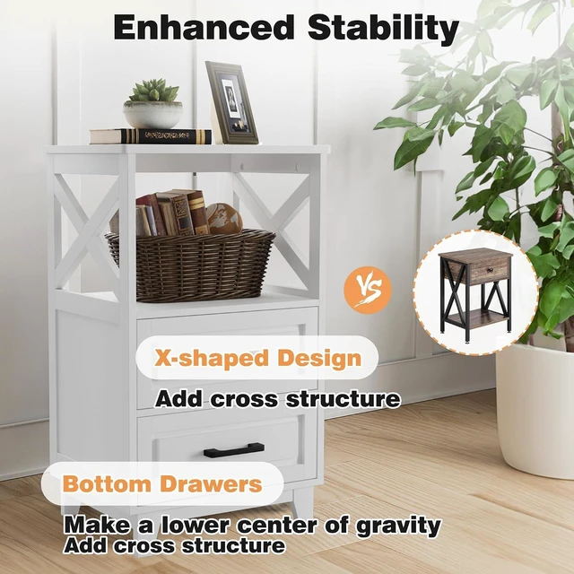 Alt view image 6 of 7 - FansaFurn Tall Nightstand Wooden Rustic Bedside End Table for Bedroom, Living Room, 13" D x 18" W x 28" H(Set of 2), White