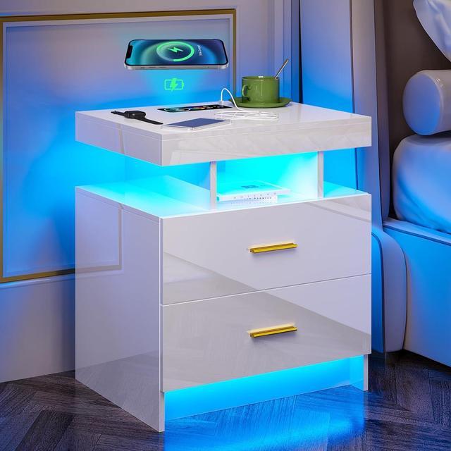 HNEBC LED Nightstand White Night Stand with USB Type C Wireless