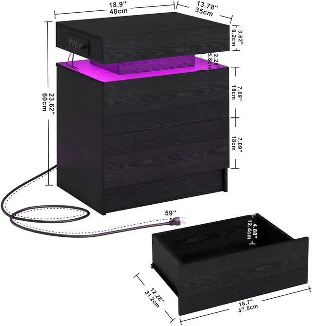 Alt view image 2 of 7 - LIKIMIO Nightstand with Charging Station LED Light and 2 Drawers Black | bedside table; end table; charging station; LED light; 2 drawers; black wood grain; small spaces