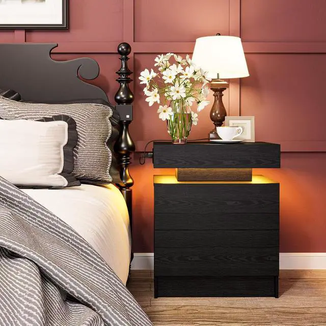 Alt view image 3 of 7 - LIKIMIO Nightstand with Charging Station LED Light and 2 Drawers Black | bedside table; end table; charging station; LED light; 2 drawers; black wood grain; small spaces