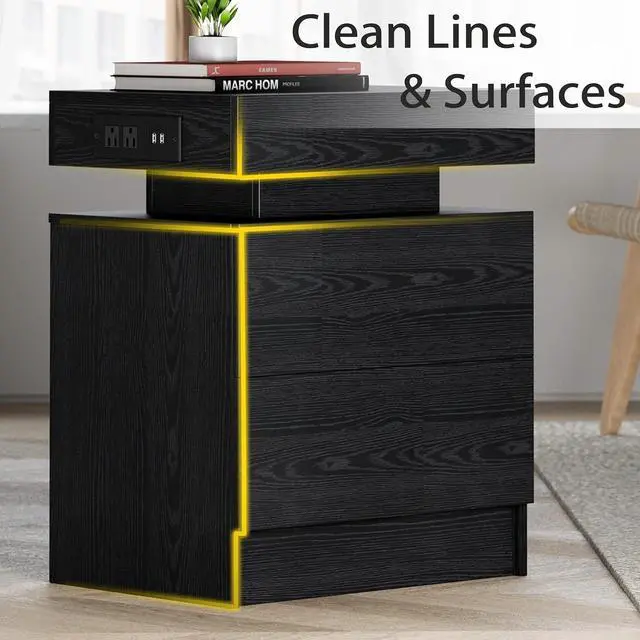 Alt view image 7 of 7 - LIKIMIO Nightstand with Charging Station LED Light and 2 Drawers Black | bedside table; end table; charging station; LED light; 2 drawers; black wood grain; small spaces
