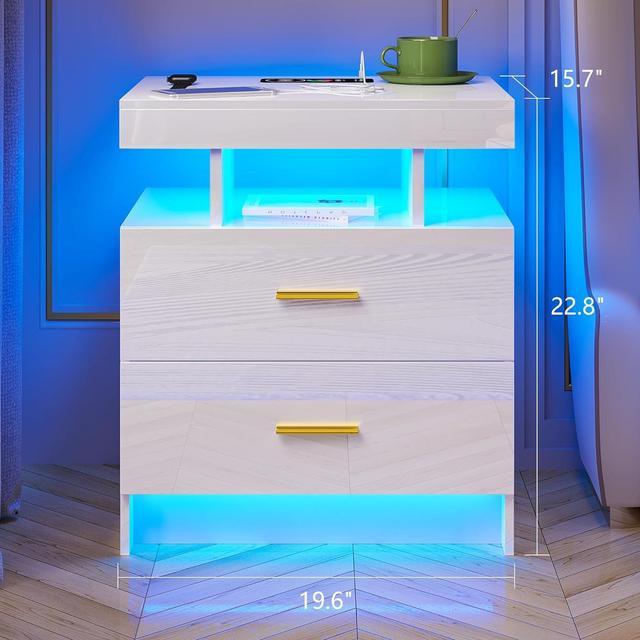 HNEBC Auto LED Nightstand with Charging Station, Smart Night Stand with  Wirelss/USB/Type-C, Bedside Table with Body Sensing Lights (White)