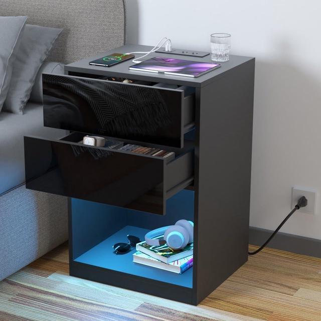 Sense black high gloss bedside table with led hot sale light