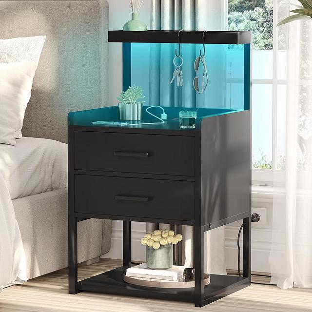 Black Nightstand with Charging Station, Night Stand with LED Lights, Modern  Led End Table Nightstand for Bedroom, Bedside Table with 2 Drawers, Bed