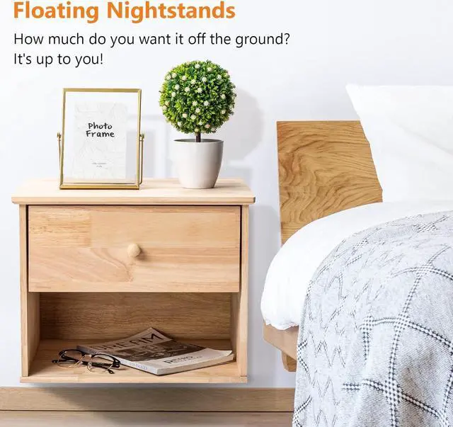 Alt view image 3 of 7 - VINGLI Unfinished Natural Solid Wood Floating Nightstand for Bedroom Set of 2, Small Nightstand with Drawer & Open Shelf, Farmhouse Night Stand Wall-Mounted Bedside Table for Small Space Color DIY