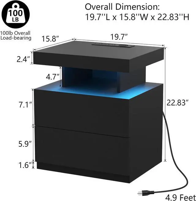 Alt view image 2 of 7 - HOMMPA Nightstand with Charging Station and LED Light, Smart Nightstand with USB Port & Wireless Charging, Modern Night Stand with 2 Drawer, Black Beside Table with High Gloss Surface for Bedroom
