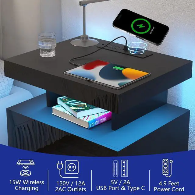 Alt view image 3 of 7 - HOMMPA Nightstand with Charging Station and LED Light, Smart Nightstand with USB Port & Wireless Charging, Modern Night Stand with 2 Drawer, Black Beside Table with High Gloss Surface for Bedroom