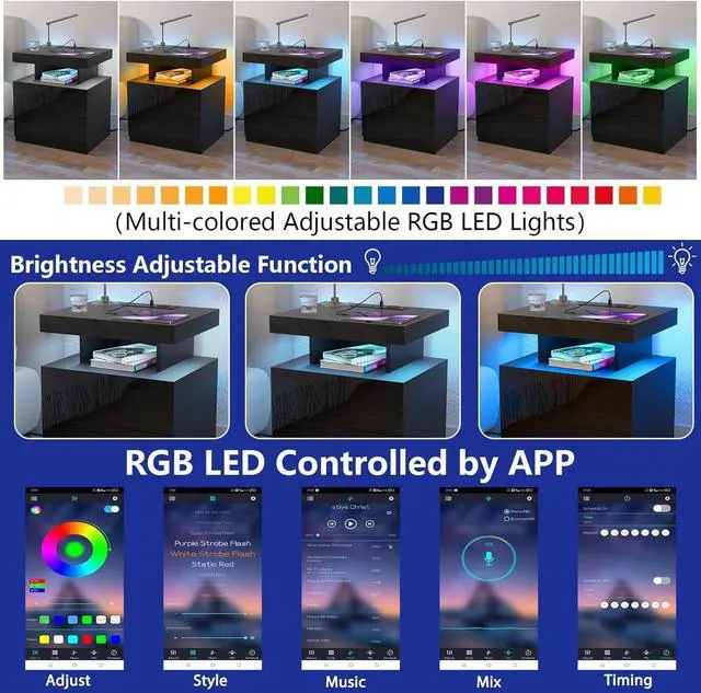 Alt view image 5 of 7 - HOMMPA Nightstand with Charging Station and LED Light, Smart Nightstand with USB Port & Wireless Charging, Modern Night Stand with 2 Drawer, Black Beside Table with High Gloss Surface for Bedroom