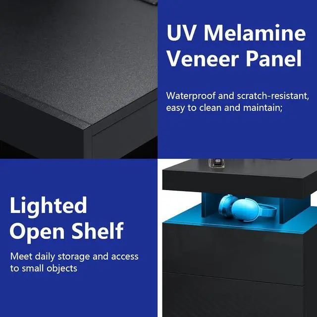 Alt view image 6 of 7 - HOMMPA Nightstand with Charging Station and LED Light, Smart Nightstand with USB Port & Wireless Charging, Modern Night Stand with 2 Drawer, Black Beside Table with High Gloss Surface for Bedroom
