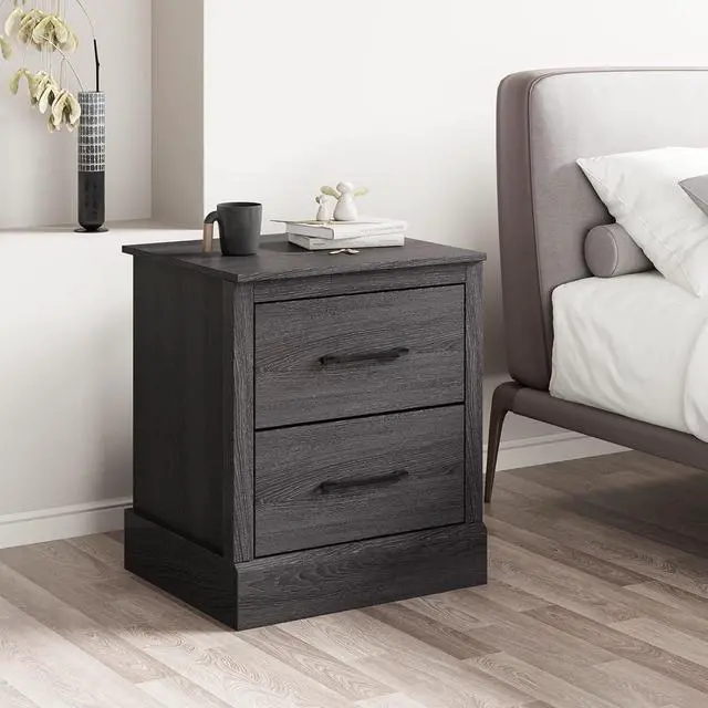Alt view image 2 of 7 - GIANTEX Farmhouse Nightstand, Wood Bedside Table with 2 Storage Drawers, Compact Floor Night Stand End Table, Accent Sofa Side Table for Bedroom, Grey Oak