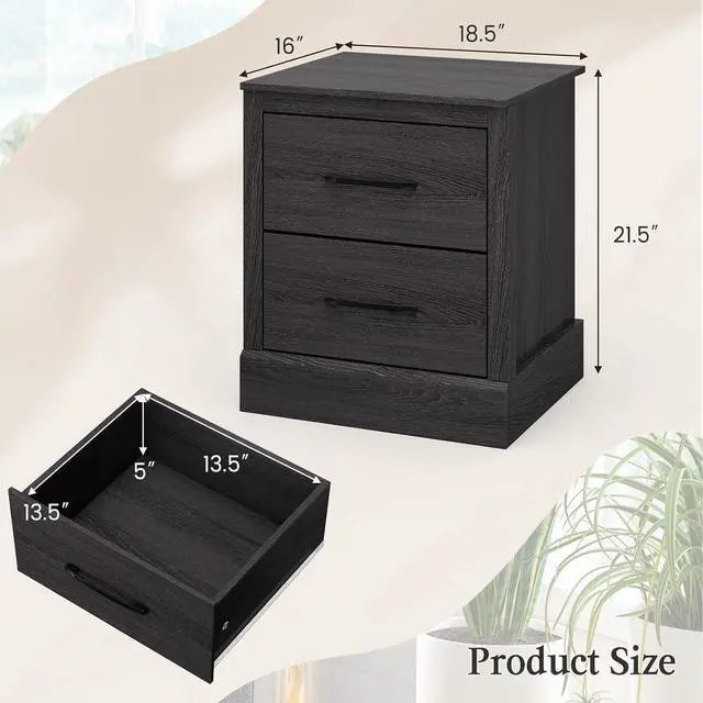 Alt view image 3 of 7 - GIANTEX Farmhouse Nightstand, Wood Bedside Table with 2 Storage Drawers, Compact Floor Night Stand End Table, Accent Sofa Side Table for Bedroom, Grey Oak