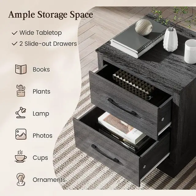 Alt view image 6 of 7 - GIANTEX Farmhouse Nightstand, Wood Bedside Table with 2 Storage Drawers, Compact Floor Night Stand End Table, Accent Sofa Side Table for Bedroom, Grey Oak