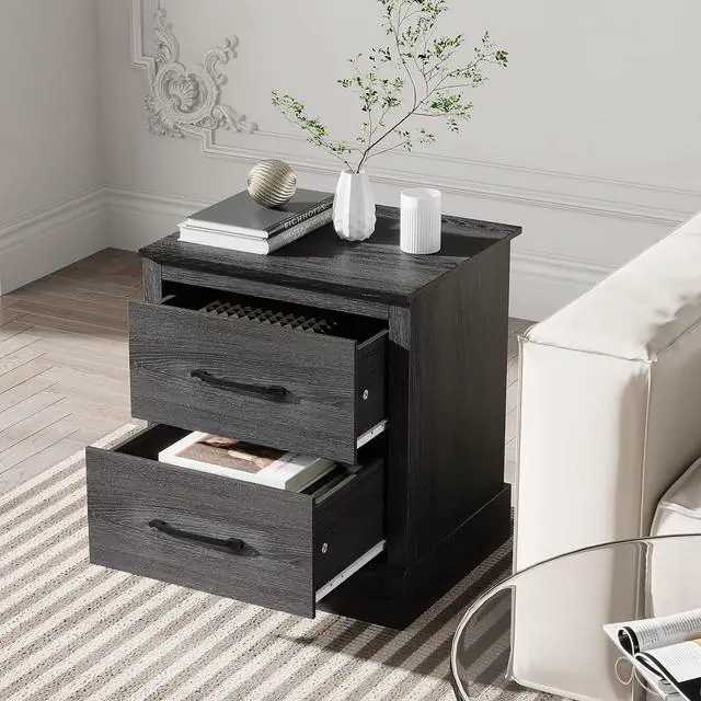 Alt view image 4 of 7 - GIANTEX Farmhouse Nightstand, Wood Bedside Table with 2 Storage Drawers, Compact Floor Night Stand End Table, Accent Sofa Side Table for Bedroom, Grey Oak