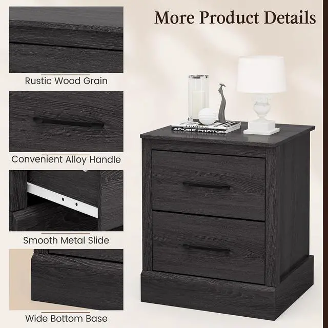 Alt view image 5 of 7 - GIANTEX Farmhouse Nightstand, Wood Bedside Table with 2 Storage Drawers, Compact Floor Night Stand End Table, Accent Sofa Side Table for Bedroom, Grey Oak
