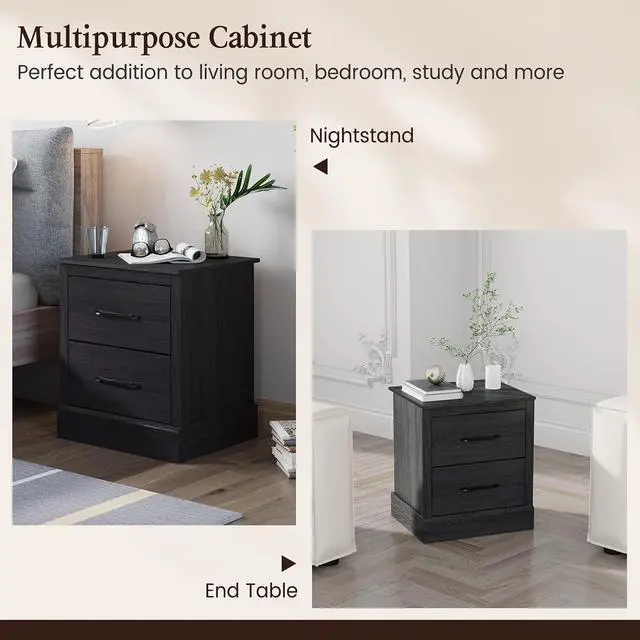 Alt view image 7 of 7 - GIANTEX Farmhouse Nightstand, Wood Bedside Table with 2 Storage Drawers, Compact Floor Night Stand End Table, Accent Sofa Side Table for Bedroom, Grey Oak
