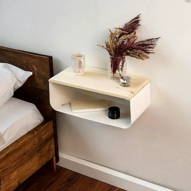 Alt view image 2 of 7 - Floating Nightstand with Spruce Top | Modern Bedroom Decor | Minimalist Wall-Mounted Bedside Nightstand| Wall Mounted Shelf | Cloudy Oasis: Serene White