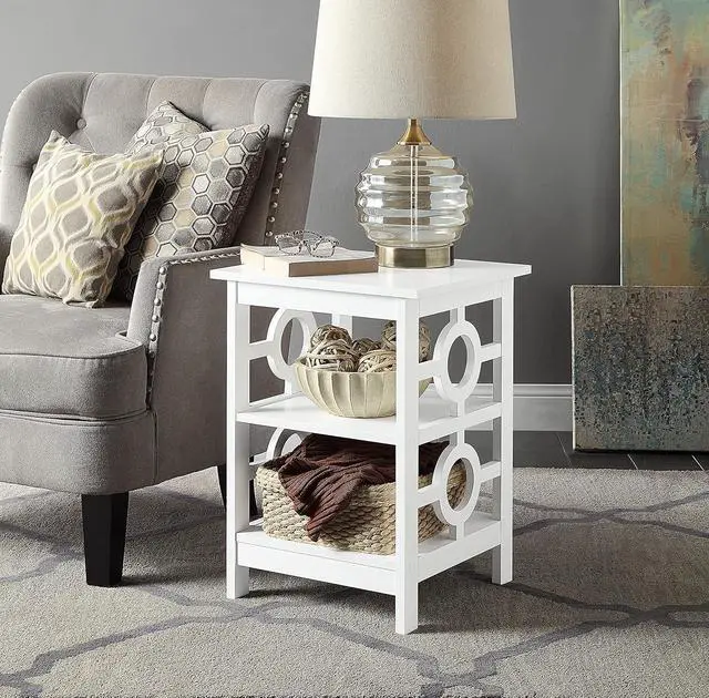 Main image of White Finish Wooden Circle Design Chair Side End Table Nightstand Phone Stand with 3-Tier Shelf