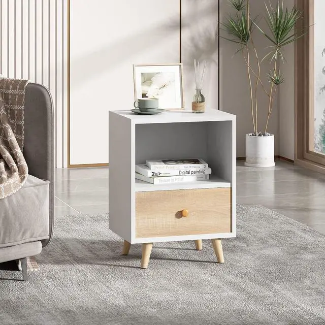 Alt view image 2 of 7 - JAXPETY Nightstands Set of 2, Night Stand with Drawer and Open Storage Shelf, Bedside Tables with Solid Wood Legs, End Table, Side Table, for Bedroom(2-Pack, White)