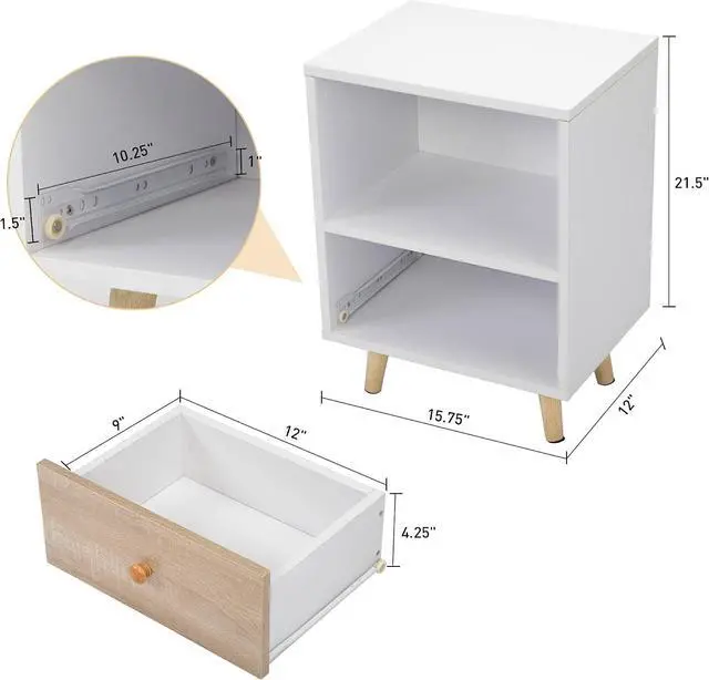 Alt view image 3 of 7 - JAXPETY Nightstands Set of 2, Night Stand with Drawer and Open Storage Shelf, Bedside Tables with Solid Wood Legs, End Table, Side Table, for Bedroom(2-Pack, White)