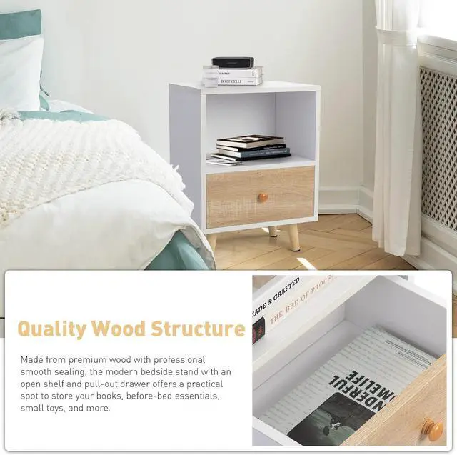 Alt view image 7 of 7 - JAXPETY Nightstands Set of 2, Night Stand with Drawer and Open Storage Shelf, Bedside Tables with Solid Wood Legs, End Table, Side Table, for Bedroom(2-Pack, White)