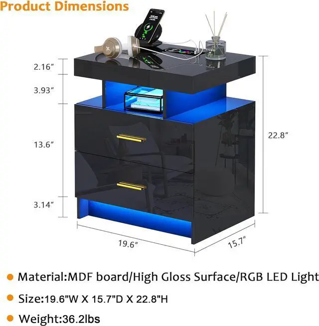 Alt view image 2 of 7 - LED Nightstand with Body Sensor and USB Type-C Charging - Black