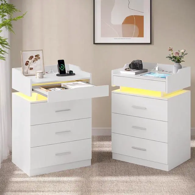 Main image of HAUOMS White Nightstand Set of 2,Bedside Table with Drawers
