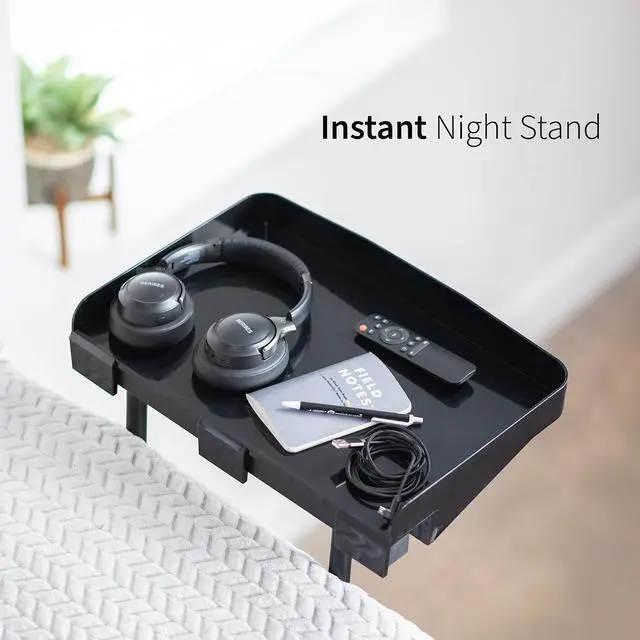 Alt view image 3 of 7 - Height Adjustable Under Mattress 17 inch Bedside Shelf, Works with Lofts and Beds Without Frames, Heavy Duty Storage Tray, Fits Laptops, Books, and Drinks, Nightstand Alternative, Black
