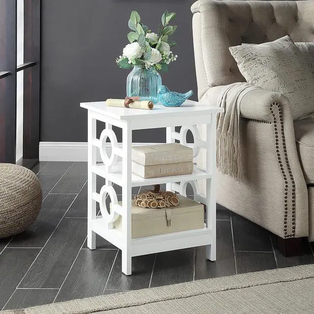 Alt view image 7 of 7 - White Finish Wooden Circle Design Chair Side End Table Nightstand Phone Stand with 3-Tier Shelf