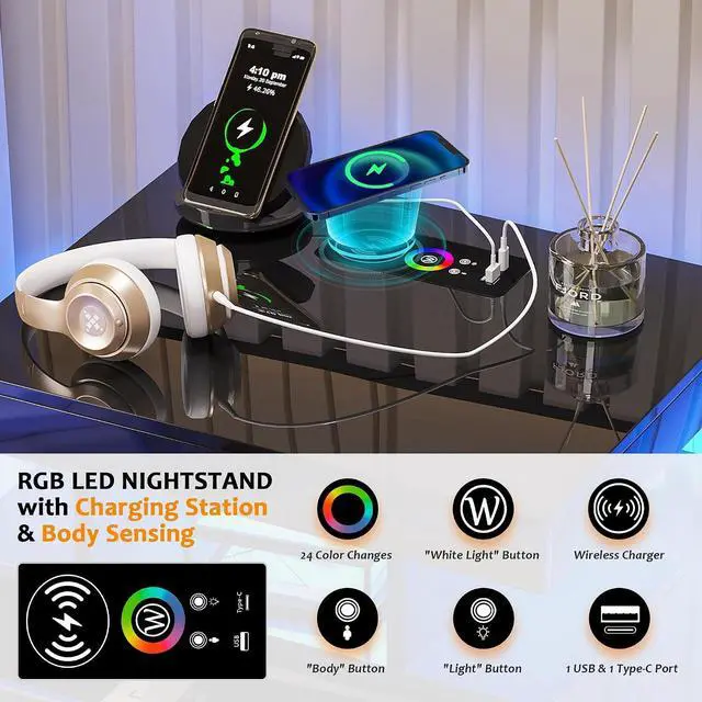 Alt view image 3 of 7 - LED Nightstand with Body Sensor and USB Type-C Charging - Black