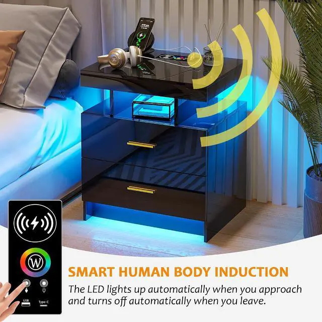 Alt view image 5 of 7 - LED Nightstand with Body Sensor and USB Type-C Charging - Black