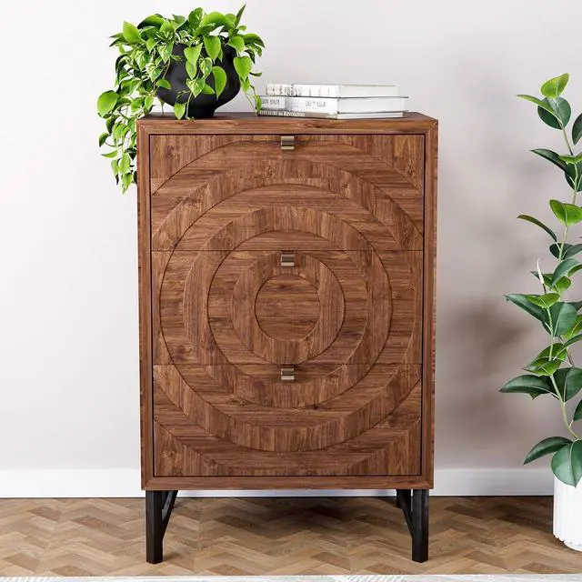 Main image of HOMPUS 3 Drawer End Table, Modern Nightstand with Concentric Circles Pattern, Farmhouse Night Stand with 3 Storage Drawers, Wooden Bedside Table, Nightstand w 3 Drawers for Sunroom, Apartment